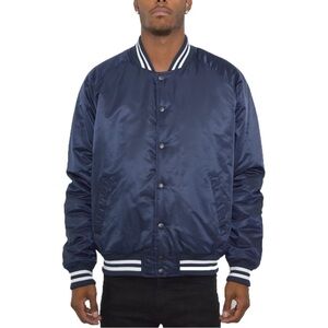 Sportsmaster Vintage Navy White Satin Snap Button Down Bomber Jacket Size XL